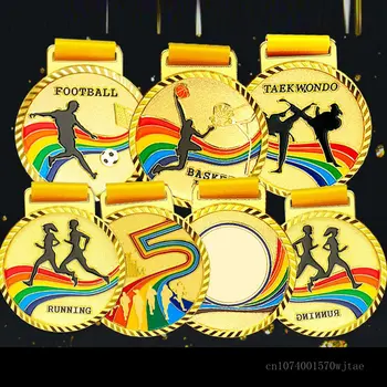 10 vnt metalo medaliai pritaikyti žaidimai, krepšinio, futbolo, badmintono taekwondo veikia vaivorykštė aukso, sidabro ir bronzos medaliai