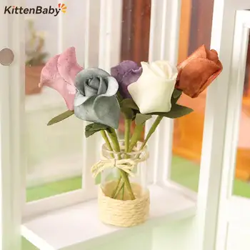 1Set 1:6 Miniatiūriniai Lėlių Vieną Gėlių Vaza+ Dviejų Rožių Gėlių Vazoninių Augalų Modelis Kambarį Miegamojo Puošimas Žaislas