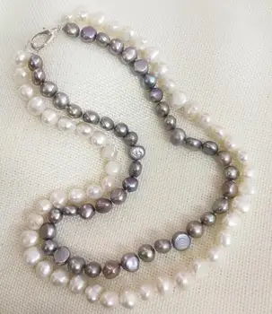 2 kryptys 9x10mm ryškiai balta juoda baroko butas perlų vėrinį natūralių gėlavandenių perlų Moteris Papuošalai 35cm 14