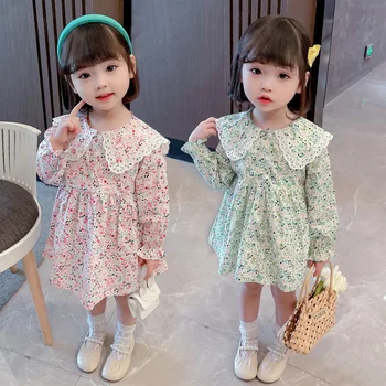 2021 M. Rudenį Naujų Korėjos Stilius, Vaikų Drabužiai, Kūdikių Mergaitės Medvilnės Atvartas Apykaklės Gėlių Atsitiktinis Suknelė, Vaikams, Suknelės