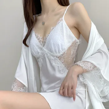 2VNT Balti Sexy Lady Homewear Intymus apatinis Trikotažas Kimono Skraiste Nustatyti Nėrinių Satino Kratinys naktiniai drabužiai Atsitiktinis Sleepwear Chalatas Suknelė