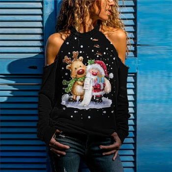 AIIOU Kalėdų Drabužius Moterims Prarasti Elnias Spausdinti Atsitiktinis Off Peties ilgomis Rankovėmis, Žemiausią Viršūnes Moterų Mielas Megztinis Tshirts