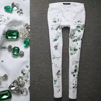 Aukštos klasės dizainas baltos spalvos džinsinio audinio kelnės žalios deimantų liesas ruožas pieštuku kelnes kankina mažas juosmens, čiurnos ilgio kelnės