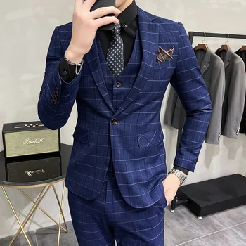 Aukštos kokybės 5XL (Švarkas + liemenė + kelnės) vyrų didžiosios Britanijos stiliaus paprasta verslo elegantiškas mados atsitiktinis kostiumas trijų dalių kostiumą