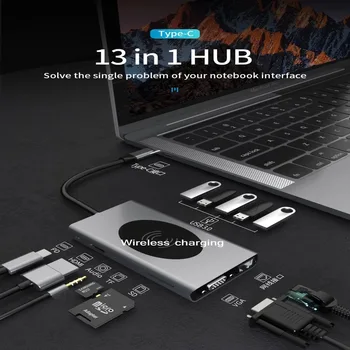 Belaidžio įkrovimo USB C HUB 13 1 C Tipo adapteris USB C iki HDMI suderinama 3.5 mm audio SD TF VGA, RJ45 USB3.0 c Tipo jungiamojo sta