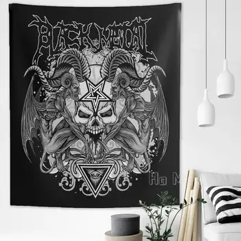 Black Metalo Gobelenas Demonas Kaukolė Paslaptingi Šėtono Visi Mato Akis Ožkos Galva Baphomet Pentagram Velnias Ragus Gotikos Dekoras