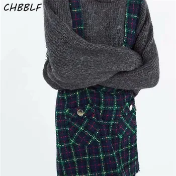 CHBBLF moterų retro vilnonių mini sijonas kišenės pledas moterų mados linija atsitiktinis pagrindinio staps sijonai HJH1785