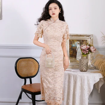 Cheongsams Kinų Tradicinė Suknelė Mygtukai Nėrinių Retro Mandarinų Apykaklės, Geriau Su Rytų Šalių Vasaros Suknelės Moterims