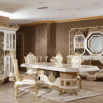 Custom Europos Medžio Masyvo Ilgai Valgomojo Stalai Ir Kėdės Prabangus Aukso Folija Prancūzijos Palace Valgomojo Stalai Valgomojo Baldai