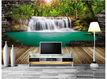 Custom foto tapetai, 3d sienų freskomis tapetai Idiliškas peizažas krioklio vandens, kraštovaizdžio, medinės grindys, sienos fone dokumentus