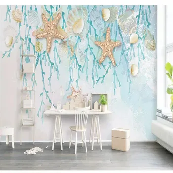 Custom Sienų Tapetai Seashell Akvarelė Koralų Sofa-Lova, Gyvenamasis Kambarys, Tv Foną Sienos