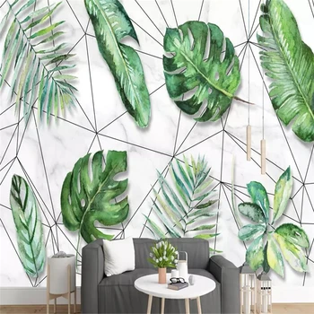 Dekoratyvinės tapetų serija Šiaurės stiliaus mažų šviežių tropinių miškų, bananų lapų geometrinės linijos, sienos fone