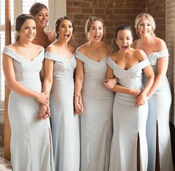 Elegantiška, Undinėlės Ilgai Sidabro V-Kaklo Bridesmaid Dresses Užsakymą Plisuotos Nėriniai Atgal Nuo Peties Oficialią Vestuvių Suknelės, Šaliai
