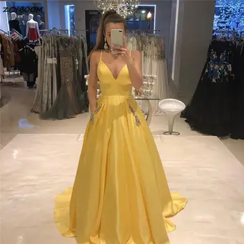 Elegantiškas Geltonas V-Kaklo Šalies Prom Chalatai 2022-Line Satininiu Spagečiai Dirželiai Rankovių Vakaro Suknelės Kišenėje Rūbeliai De Soirée