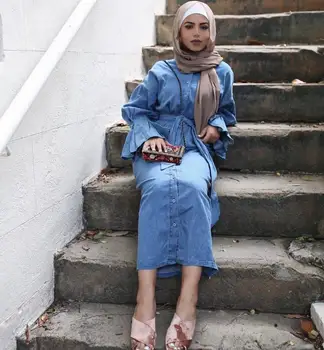 Elegantiškas Muslimah džinsinio audinio mados abaja turkijos visas ilgis Jilbab Dubajaus moterų blyksnius rankovės Islamo aprangos wq1332 dropship