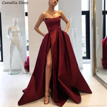 Elegantiškas Vyno Raudona Prom Dresses su Kišenėmis Pusėje Ritininės Stebėjimo Satino Ilgai Vakare Šalies Chalatai Moterims Oficialų Suknelė فستان سهرة