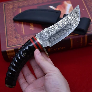 Fiksuotu Peilis High-end Damasko plieno tiesus peilis rago rankena Rinkti medžioklės peilis Lauko EDC įrankiai