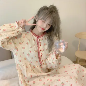 Gėlių Spausdinti Pavasario Pižamą Saldus Medvilnės Korėjos Sleepwear Prarasti Ilgomis Rankovėmis Miego Suknelė O-Kaklo Namų Drabužių Homewear