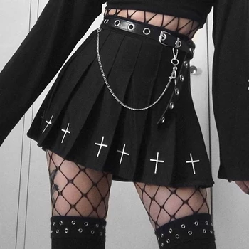 Harajuku Aukšto Juosmens Black Cross Spausdinti Klostuotas Mini Sijonai Gotikos Streetwear Moterų Sijonai Emo Pasakų Grunge Lolita Sijonas