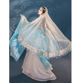 HuangYue Mėlyna Kinijos Tradicinės Moterų Tango Dunhuang Egzotinių Stiliaus Išsiuvinėti Didelis Rankovėmis Pasakų, Liaudies Šokių Hanfu Suknelė, Šydas