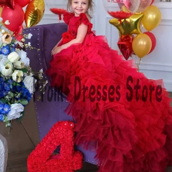 IL Raudona Pakopų Tiulio Gėlių mergaičių Suknelės Su ilgomis Ruched Traukinio Princesė Vaikams Gimtadienio Suknelė Mados Reljefiniai Childern Prom Chalatai