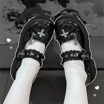 Japonijos Saldus Mergaičių Cosplay Lolita Batai, Apvali Galva, Storos Apačioje Nėriniai Meilės Kryžiaus Metalo Žvaigždės Grandinės 2,5 cm-5cm Aukštakulniai Batai
