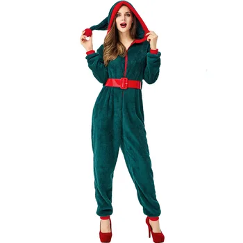 Kalėdų Pižama Onesize Jumpsuit Gobtuvu Moterų Santa Koralų, Vilnos Pižamos Žalia Raudona Elf Kostiumas Bodysuit