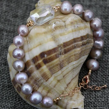 Karšto pardavimo violetinė natūralūs gėlo vandens dirbtiniu būdu išaugintų perlų 9-10mm maždaug apvalių karoliukų gija apyrankės nemokamas pristatymas papuošalai 7.5 colių B2911
