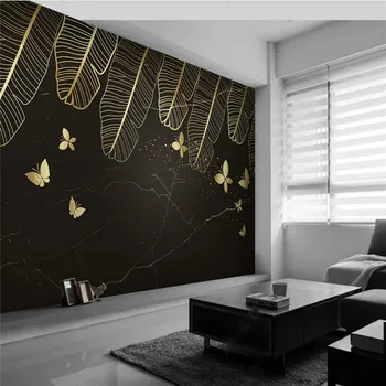 Kinijos Abstrakčiai Atogrąžų Aukso Bananų Lapų, Augalų, Drugelių Juodas Fonas Sienų Tapetai Kambarį Miegamojo Sienos 3D