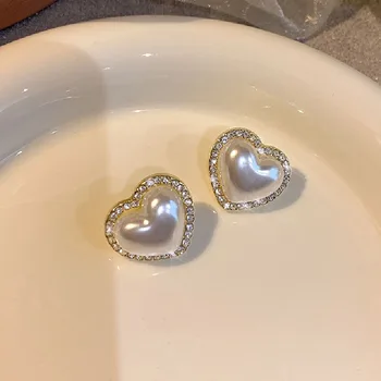 Korėjos Auskarai Aukso Spalvos perlų Širdies Bling Cirkonis Akmuo Stud Auskarai Moterims, bižuterijos Tendencija 2022