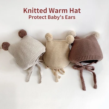 Kūdikių skrybėlę rudens ir žiemos naujagimį, megzti ausų apsaugos skrybėlę mielas strappy galvos cap baby vilnos skrybėlę