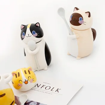 Kūrybinės Keramikos Taurė Japonų Animacinių filmų Stiliaus Cute Kačių Taurės Pusryčiai Pieno Kavos Puodelio, Puodelis su Dangteliu ir Šaukštu