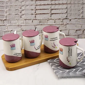 Kūrybos Xuanyicao Keramikos Vandens Puodelį Kavos Puodeliai Violetinės Gėlės Pieno Puodeliai Su Dangteliu Šaukštas Pusryčių Puodelis Kūrybos Dovana Draugams
