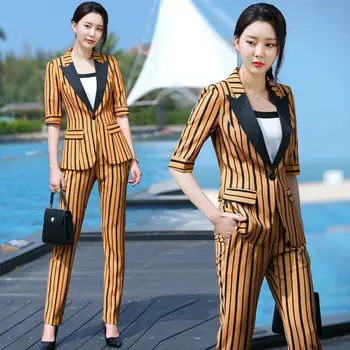 Mados dryžuotas kostiumas moterų korėjos versija pavasario ir vasaros naujų mados penkių taškų rankovės temperamentas laukinių kostiumas, dviejų dalių