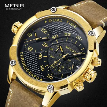 MEGIR Originalaus Kvarcinio Vyrų Watch Big Dial Oda Sporto Kariniai Laikrodžiai Vyrai Dvigubai laiko juostų Laikrodis Relogio Masculino 2018