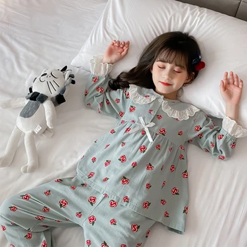 Mergina Sleepwear 2022 M. Pavasarį, Rudenį Naujų SleepWear Raukiniai, Nėriniai Kratinys Pižama Vaikams Drabužių Mergaitėms nuo 8 Iki 12 Pijama Drabužių Rinkiniai