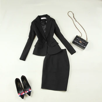 Moterims dviejų dalių apranga, rudens ir žiemos naujas mados juoda slim paprasto OLIS įrankiai mažas kostiumo švarkas + sijonas kostiumas