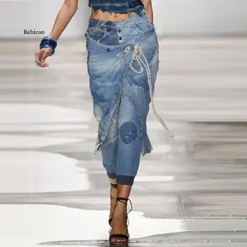 Moteris Kankina Džinsai Nėrinių Mados Kietas Vidurio Juosmens Džinsinio audinio Kelnės Atsitiktinis Palaidų Hip-Pop Streetwear Jean Kelnės 5Xl