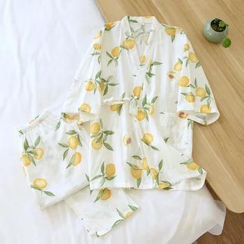 Moterų Medvilnės Pižama Septyni-rankovės Gazas Kimono Sleepwear V-Kaklo Geltonas Peach Spausdinimo Pijamas Dviejų dalių Komplektas Namų Miego Drabužiai
