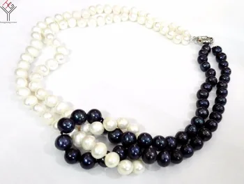 Moterų Papuošalai 8x9mm white black pearl 2 eilių karoliai, perlų rankų darbo nekilnojamojo natūralių gėlavandenių perlų dovana