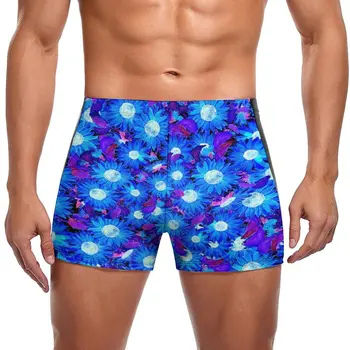 Mėlyna Ir Violetinė Saulėgrąžų Plaukimo Glaudės Gėlių Spausdinti Paplūdimio Didelio Dydžio Plaukti Šortai Užsakymą Quick Dry Vyriškos Trumpikės