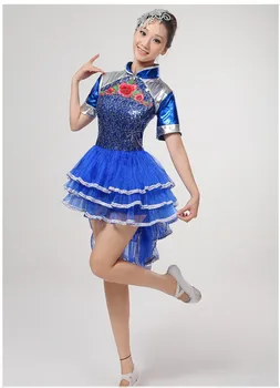 Mėlyna vandens būgnas kostiumai moterų Kinų stiliaus šokių drabužių etape priemonė žaisti šiuolaikinio šokio, džiazo šokio drabužiai