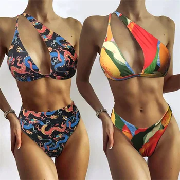 Naujas Mados Styliish Moterų Sexy Bikini Komplektas iš Dviejų dalių Spausdinti maudymosi kostiumėlį Šrifto Tuščiaviduriai Iš Vienos Peties maudymosi Kostiumėliai, Bathingsuit
