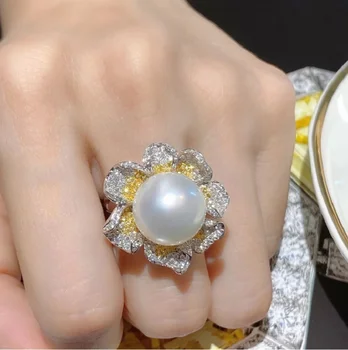 Naujas milžinas AAAAA 12-13mm originali gamtos Pietų Kinijos Jūroje white pearl stud perlų žiedas 925s