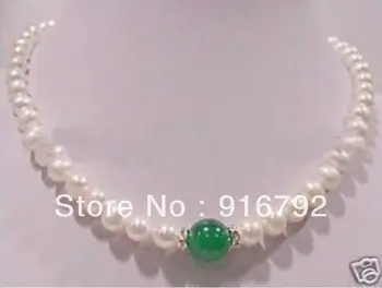nemokamas pristatymas elegantiškas 8-9MM originali pietų jūros white pearl +žalia akmens karoliai