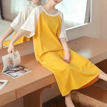 Nightgowns Moterys Vasarą Kratinys Negabaritinių Prarasti Stilingas Paprasta Korėjos Stiliaus Patogūs Moteriški Naktiniai Drabužiai Sleepshirt Geltona Chic