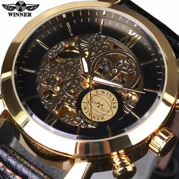 Nugalėtojas Automatinis Laikrodis Mens Watch Top Brand Prabanga Aukso Atveju Mados Debesys Tuščiaviduriai Skeletas Natūralios Odos Dirželis Laikrodis