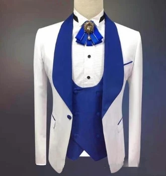 Pagal Užsakymą Pagaminti Groomsmen Skara Royal Blue Atvartas Jaunikis Tuxedos Baltųjų Vyrų Kostiumai, Vestuvių Geriausią Vyro ( Striukė+Kelnės+Peteliškę+Liemene ) C652