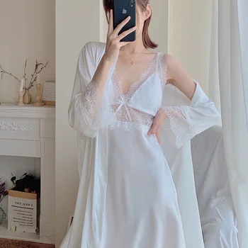 Perspektyvos Seksualus 2VNT Kimono Chalatas ilgomis Rankovėmis Namų Drabužių Atsitiktinis Moterų Chalatas Suknelė Intymus apatinis Trikotažas Balta Nėrinių Sleepwear