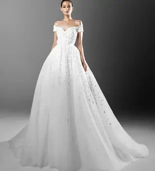 Prabangių Vestuvių Suknelės, Nėriniai 3D Gėlių Appliqued Granulių Linija nuo Pečių Vestido De Noiva Užsakymą Šalies Vestuvinės Suknelės